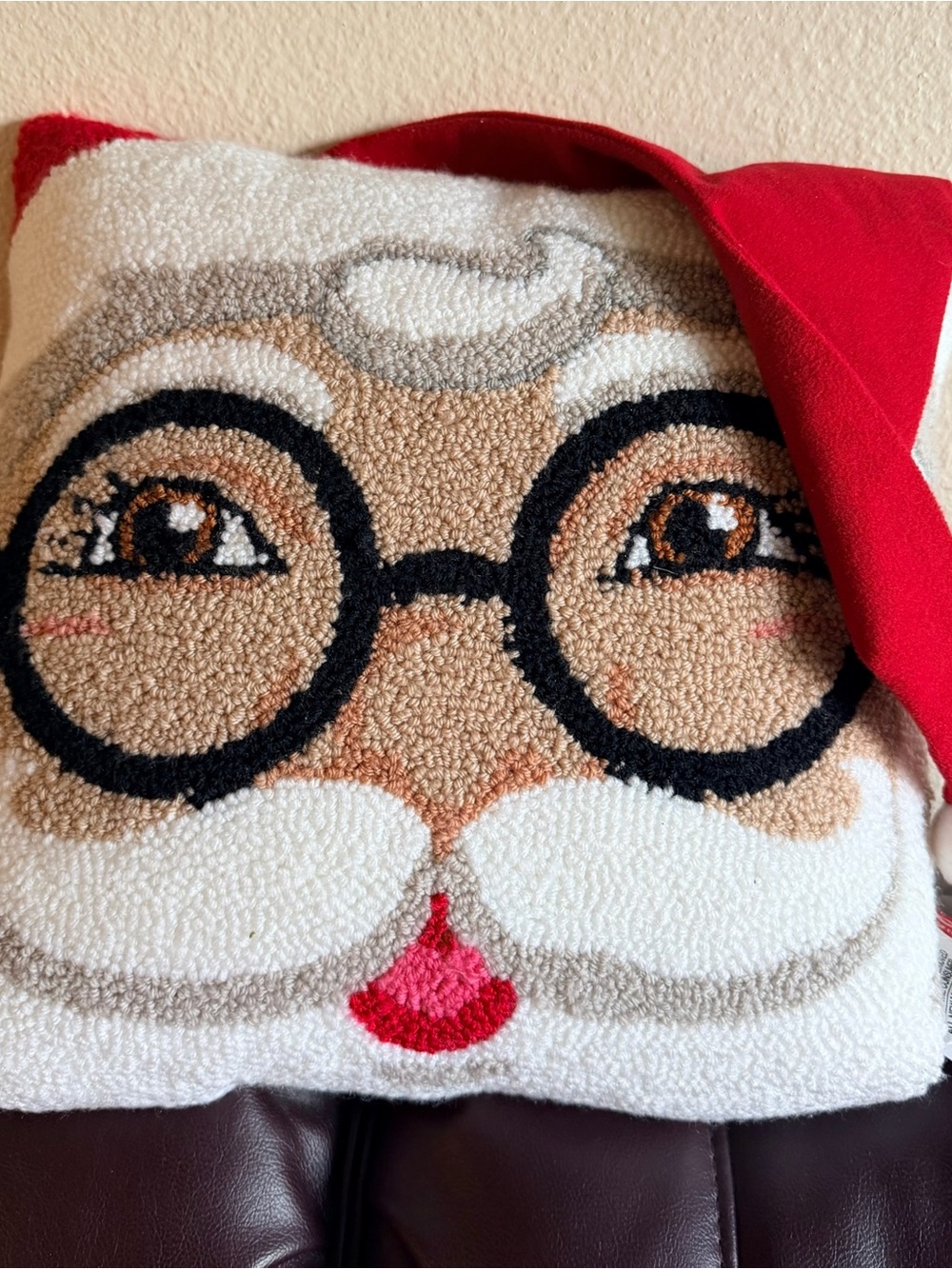 2 - Ashland Santa Face Hooked Accent Pillows – White, Red, Black, Brown